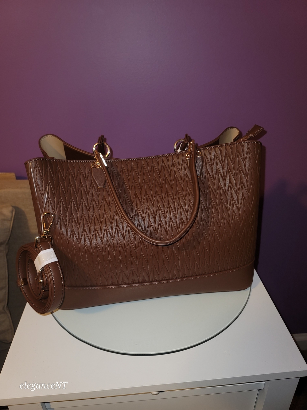 La Terre PETA-Approved Vegan Brown Quilted Tote Bag NWT